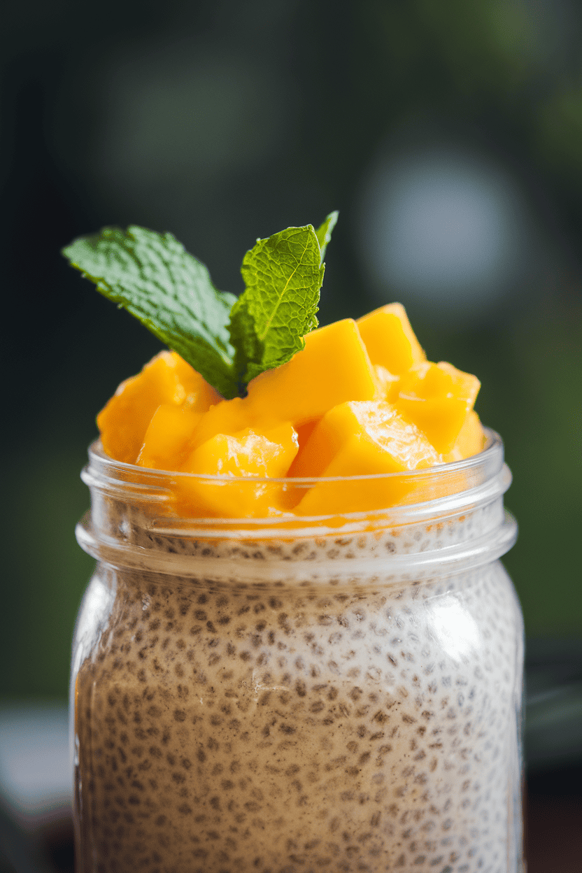 A close-up indoor shot of a small mason jar filled with creamy chia pudding, topped with bright golden mango cubes and a mint leaf for color. Soft diffused lighting, no text or logos. Photo, not illustration.
