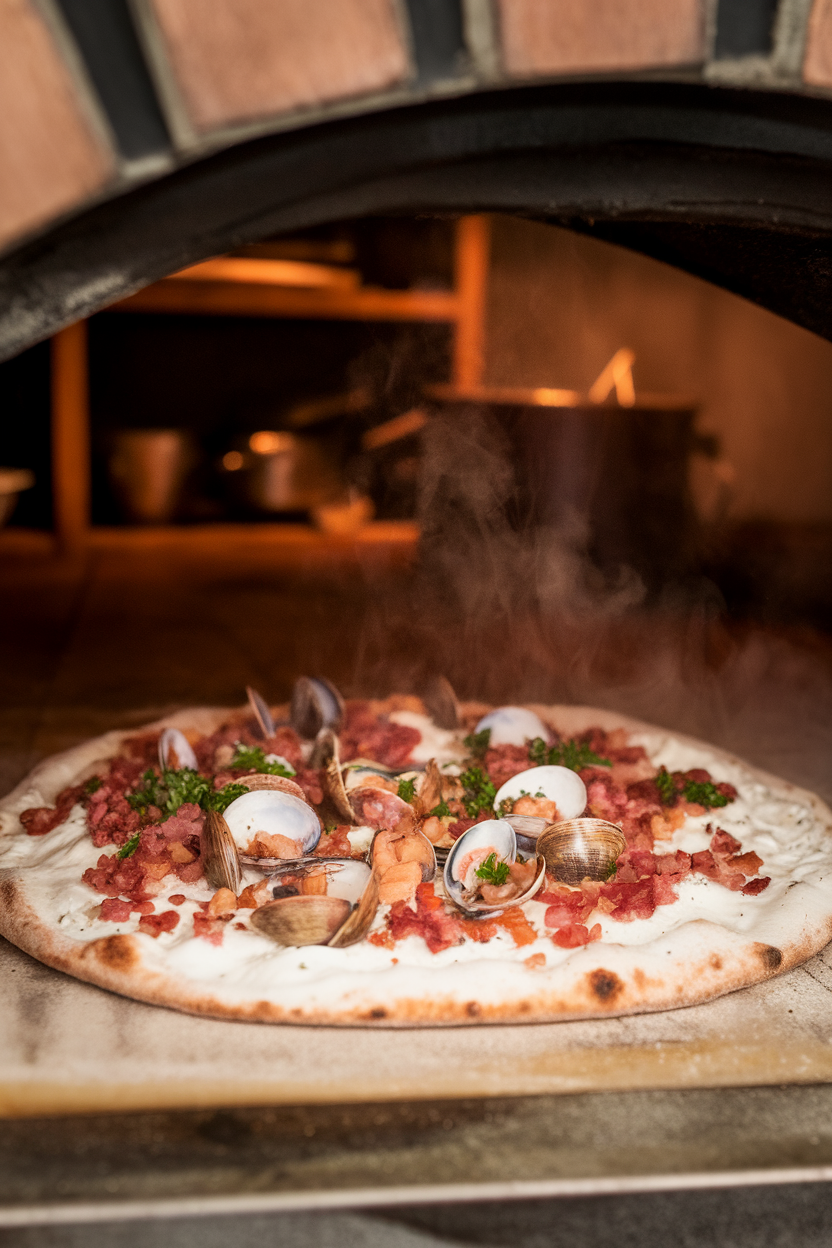 Indoor shot of a white pizza covered with bacon bits, chopped clams, and parsley, steam rising. Photo only, no text or logos.