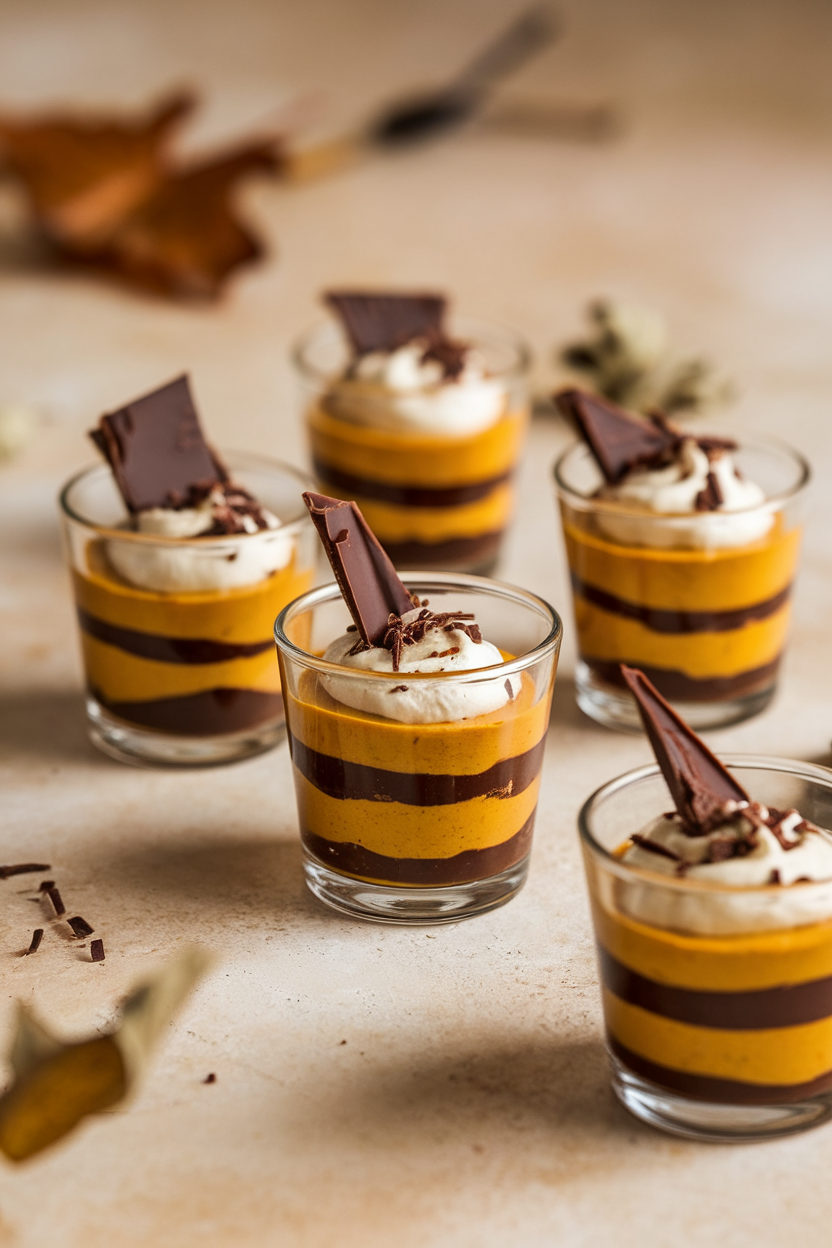 Indoor photo of small glass cups layered with dark chocolate and pumpkin mousse, finished with chocolate shavings. No text or logos.