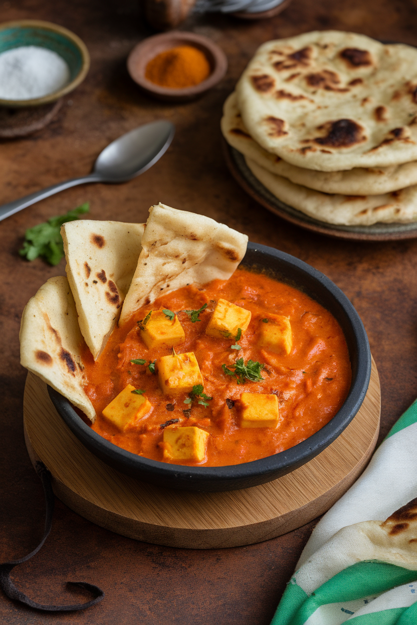 Indoor photo of a bowl of paneer butter masala—orange tomato-cream gravy dotted with paneer cubes, served with naan pieces. No logos or text.