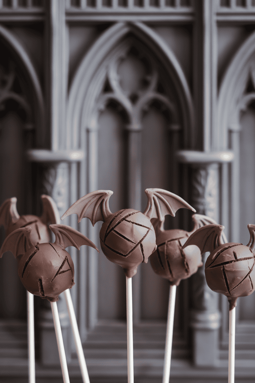Brown gingerbread cake pops with gray candy melt coating and etched stone-like cracks, small fondant gargoyle wings attached, indoor gothic backdrop; no logos or text. Photo.