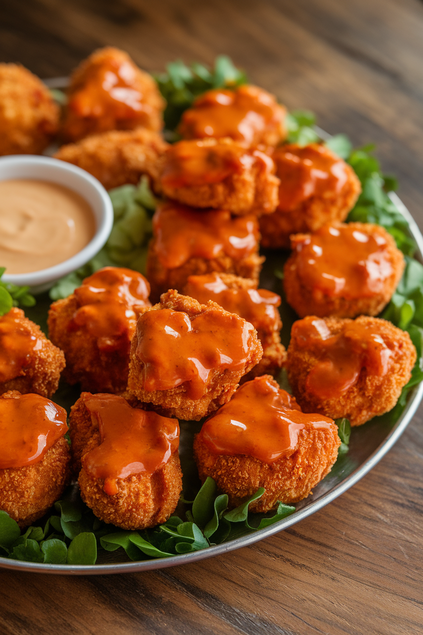 Bite-sized breaded chicken pieces glazed with an orange-red sauce, arranged on an indoor platter with a small dip bowl. Photo, no text or logos.