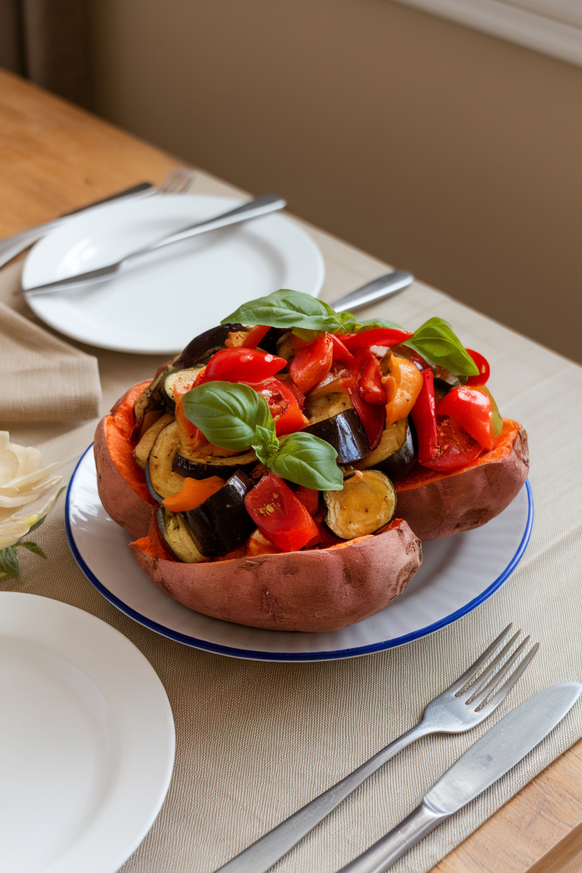 An indoor table with halved baked sweet potatoes overflowing with colorful ratatouille vegetables, basil leaves on top. No branding; photography only.