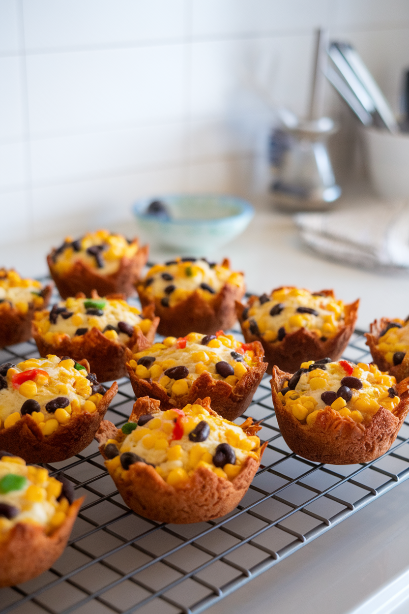 An indoor baking rack holding savory egg muffins studded with black beans, corn, and peppers. No logos or text; photo only.