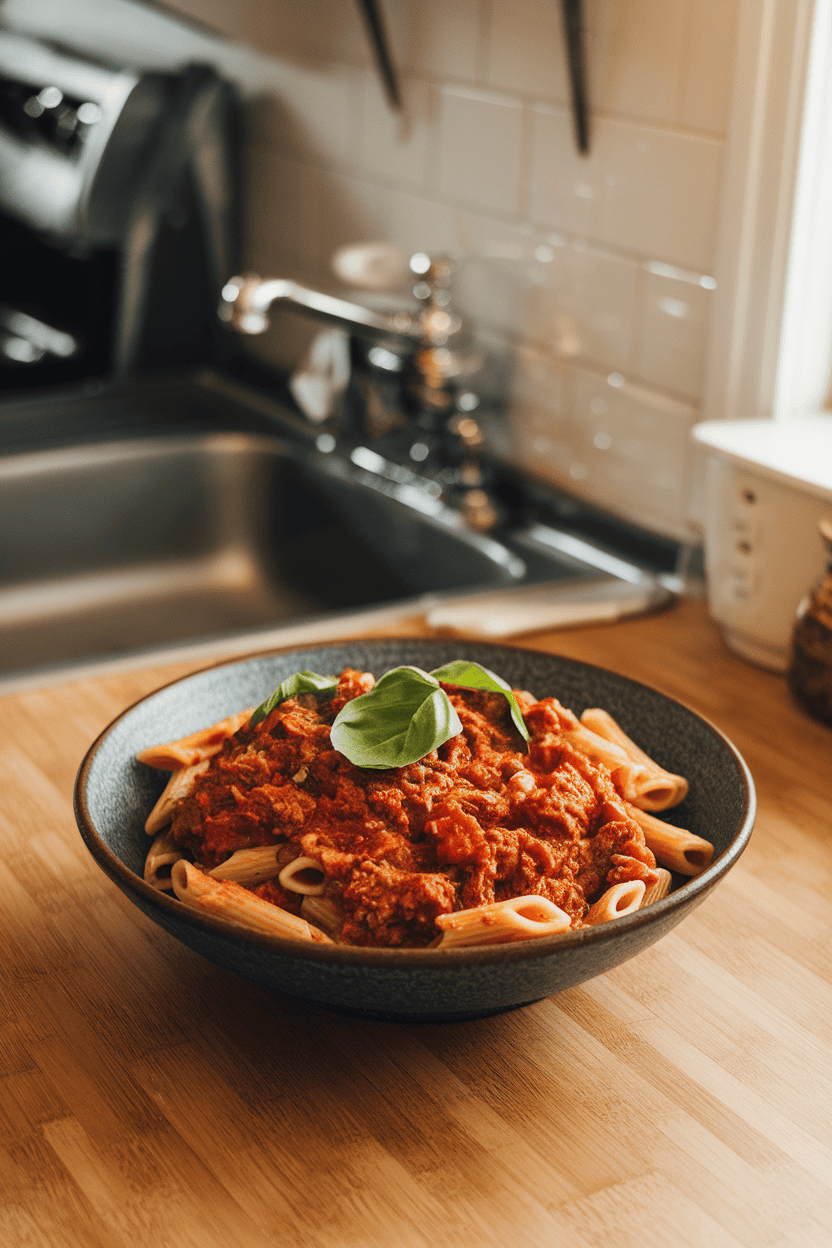 An indoor kitchen counter with a bowl of rich tomato beef ragu over whole-wheat penne, fresh basil scattered. No text or logos.