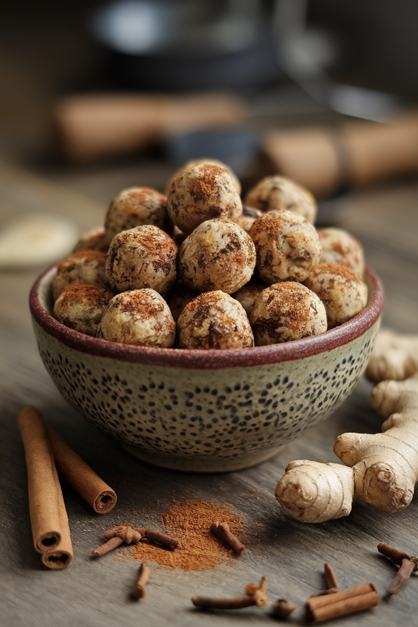 An indoor rustic bowl piled high with small round energy bites dusted with cinnamon, ginger root and cloves scattered nearby. No text or logos.