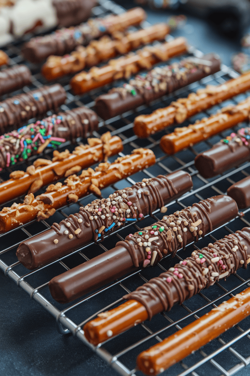 Photo of pretzel rods half-dipped in chocolate, sprinkled with chopped nuts and colored sprinkles, arranged on an indoor cooling rack. No text or logos visible.