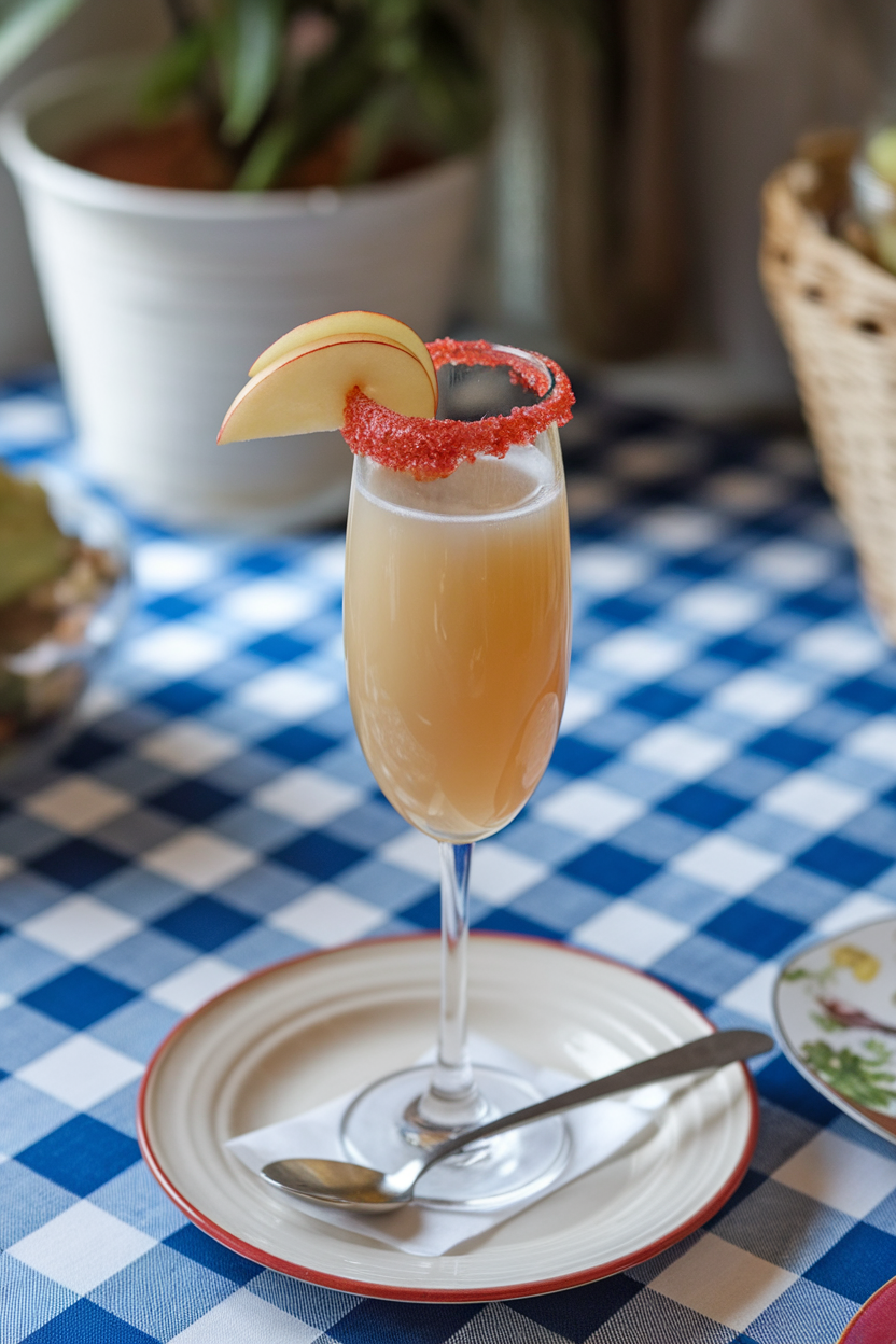 Indoor brunch table with champagne flute of pale amber mimosa, red sugar rim reminiscent of candied apple coating. No logos or text visible. Photo, not illustration.