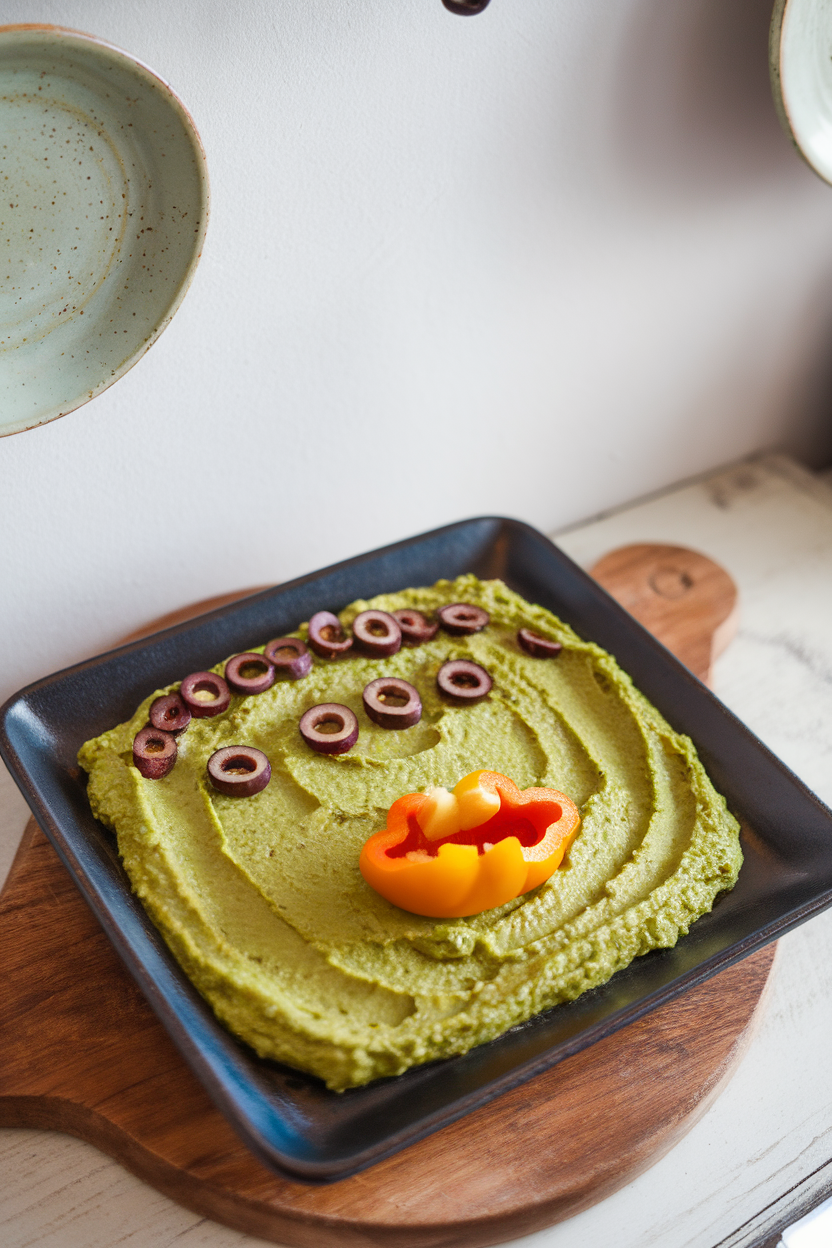 Rectangular indoor platter with green guacamole smoothed into a rectangle, olive slices for hair and eyes, bell pepper mouth. No text or logos.