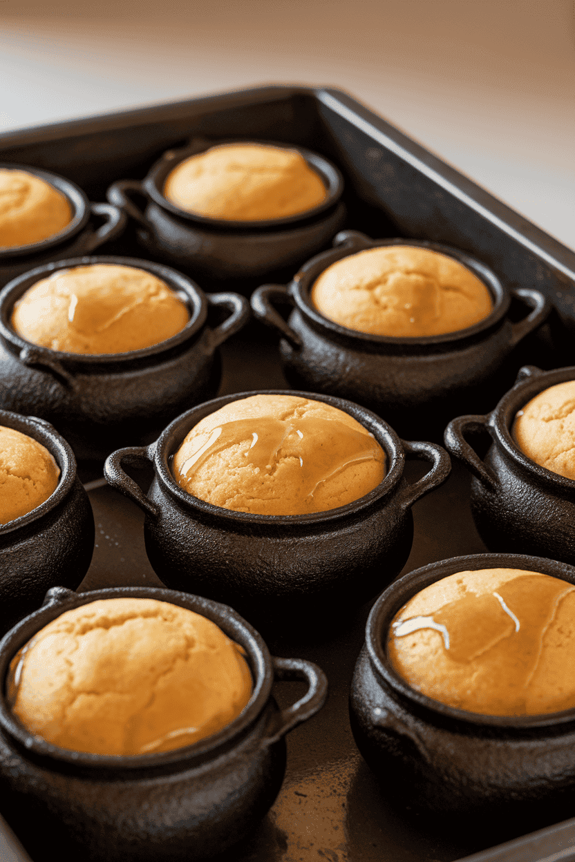 Indoor oven tray of mini cast-iron cauldrons each holding a golden cornbread muffin, slight honey glaze shining under warm light. No text or logos; photo.