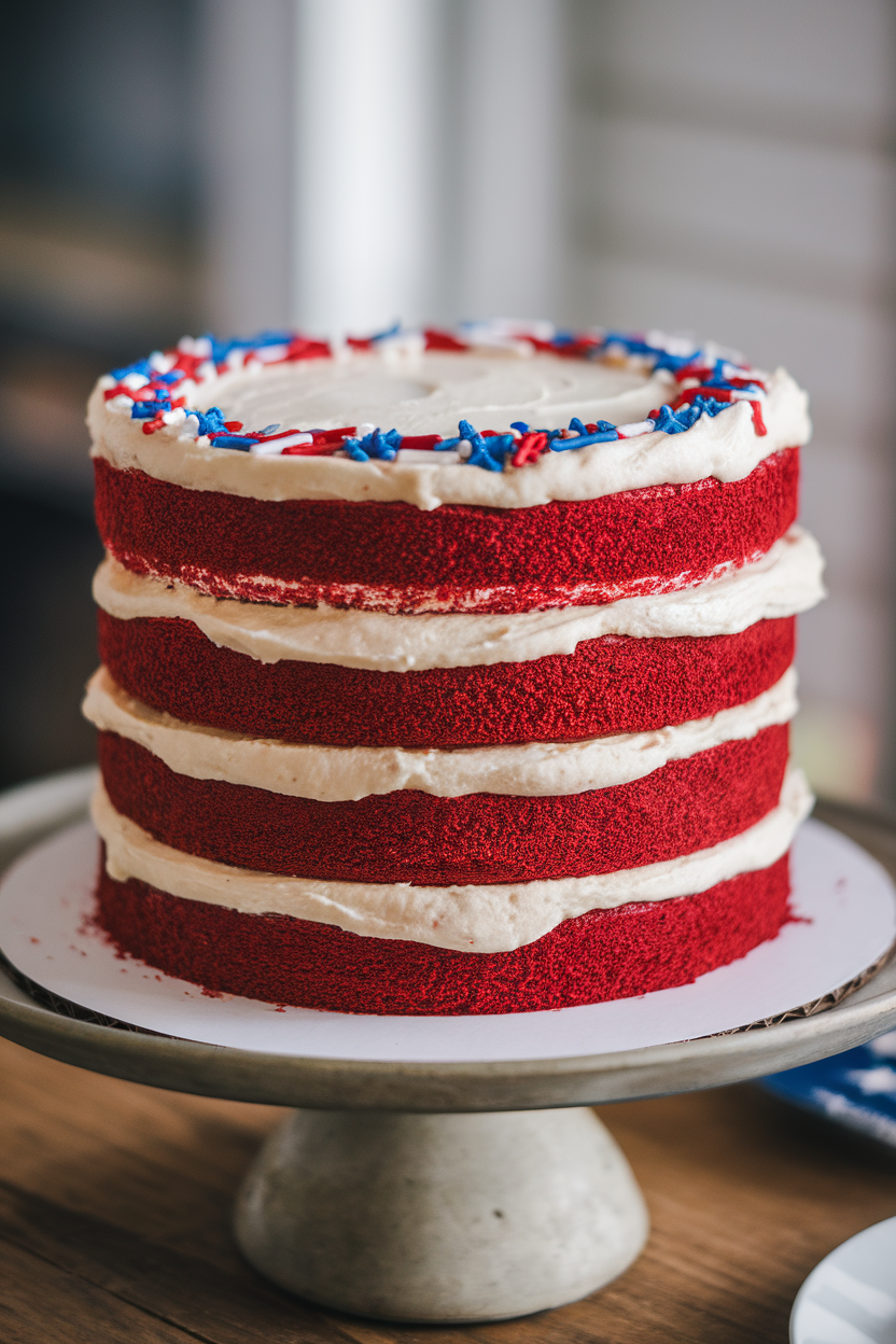 An indoor cake stand holding a tall red velvet layer cake with creamy white frosting between layers, a few patriotic sprinkles scattered on top, photographed at table height. Photo only, no text or logos.