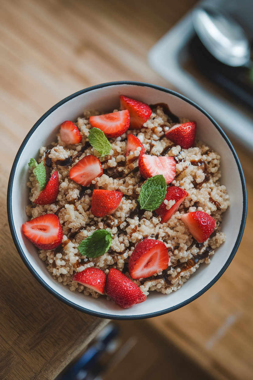 A shallow indoor bowl holding fluffy quinoa mixed with sliced strawberries, mint leaves, and a light drizzle of balsamic glaze, shot from overhead. No text or logos visible.