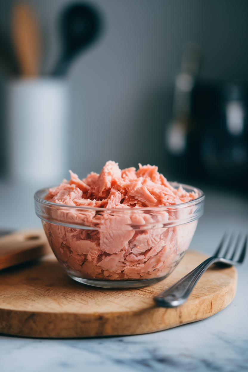 Indoor photo of an open can of water-packed tuna flaked into a glass bowl with a fork; no text or logos