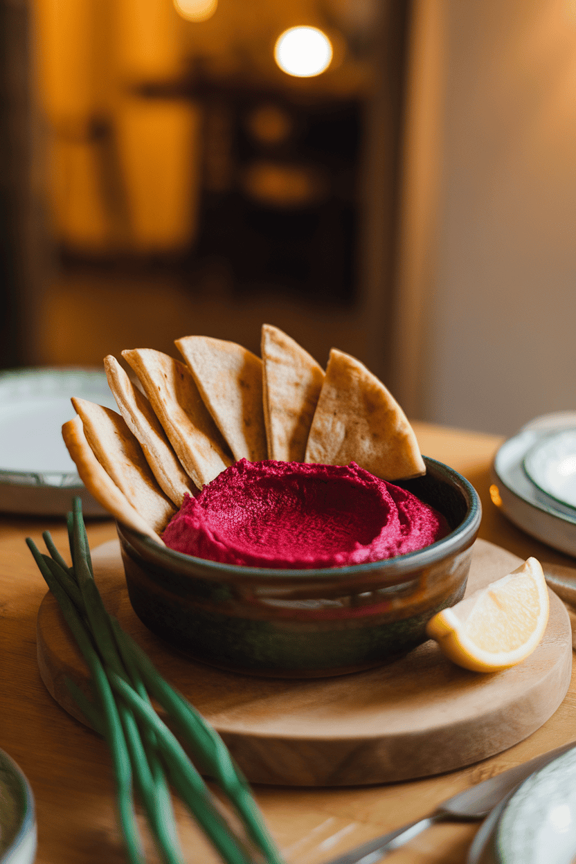 Indoor dining table with a ceramic bowl of deep red beet hummus, pita triangles arranged like fanned bat wings. Warm lighting, no logos or text.