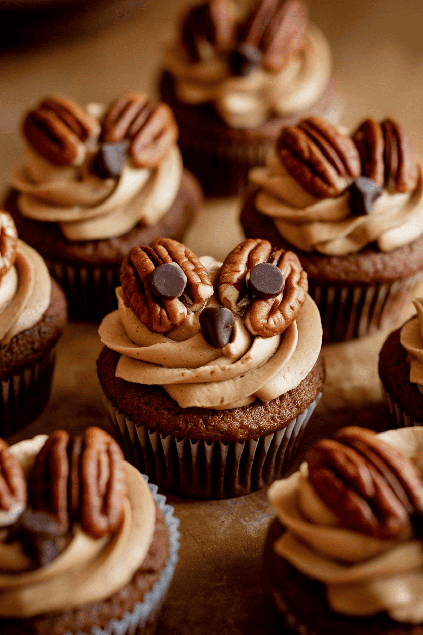 Warm indoor image of brown butter cupcakes topped with pecan halves forming owl eyes and chocolate chip pupils, perched on caramel frosting; no text or logos