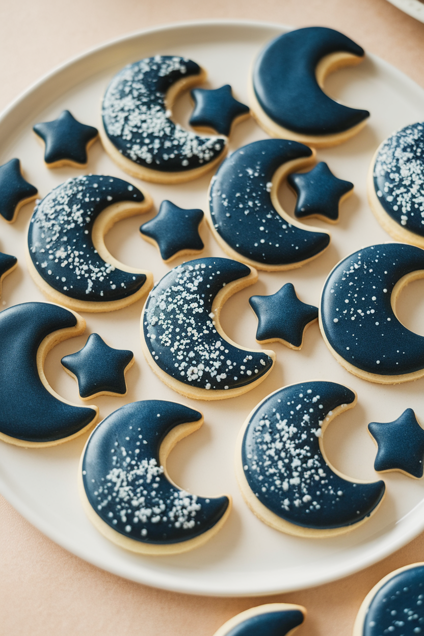 Indoor photo of crescent-moon cookies with deep blue backgrounds speckled with white nonpareils, set among tiny star cookies, no text or logos.