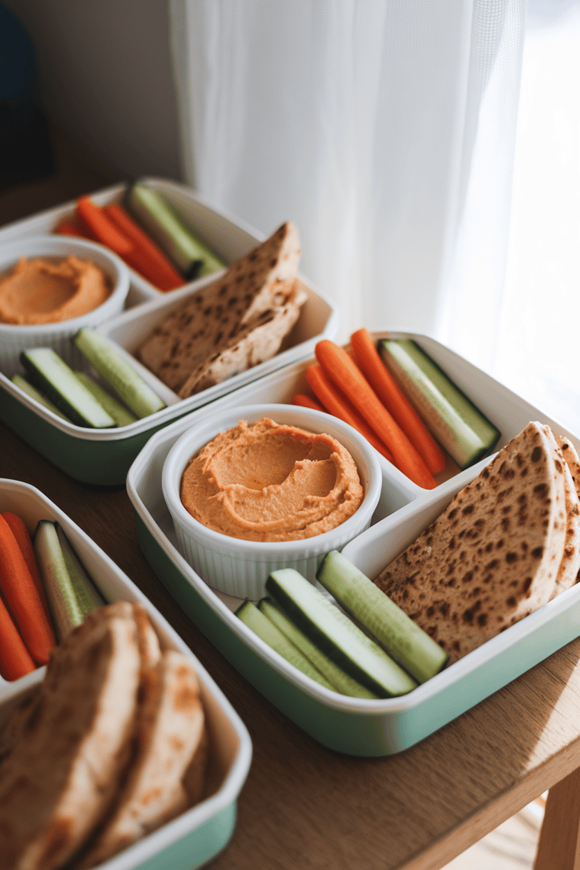 A set of divided meal-prep containers indoors, each holding a ramekin of hummus, baby carrots, cucumber sticks, and whole-wheat pita wedges. Soft midday light, no text or logos. Photo, not illustration.