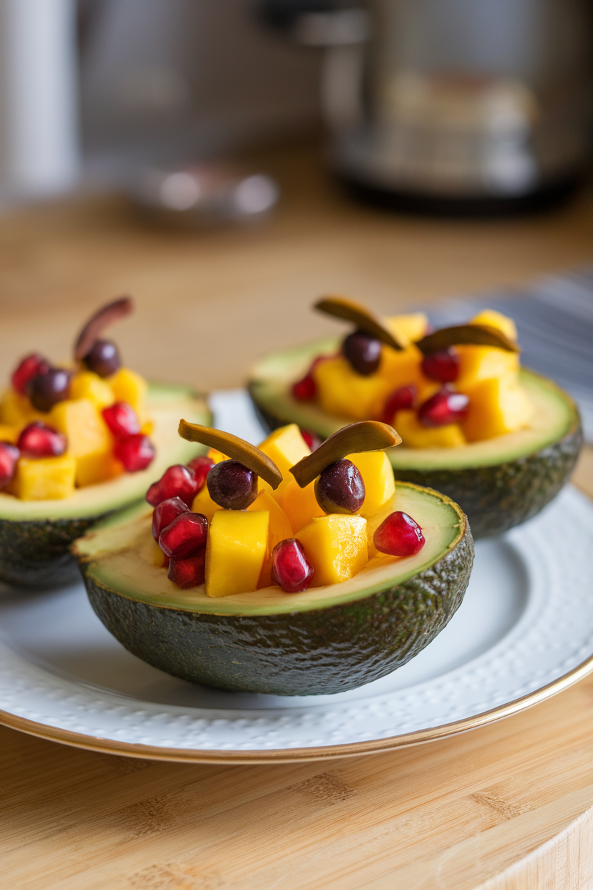 Halved avocados indoors filled with diced mango and pomegranate, tiny olive pieces forming angry eyebrows on the rim. No text or logos.