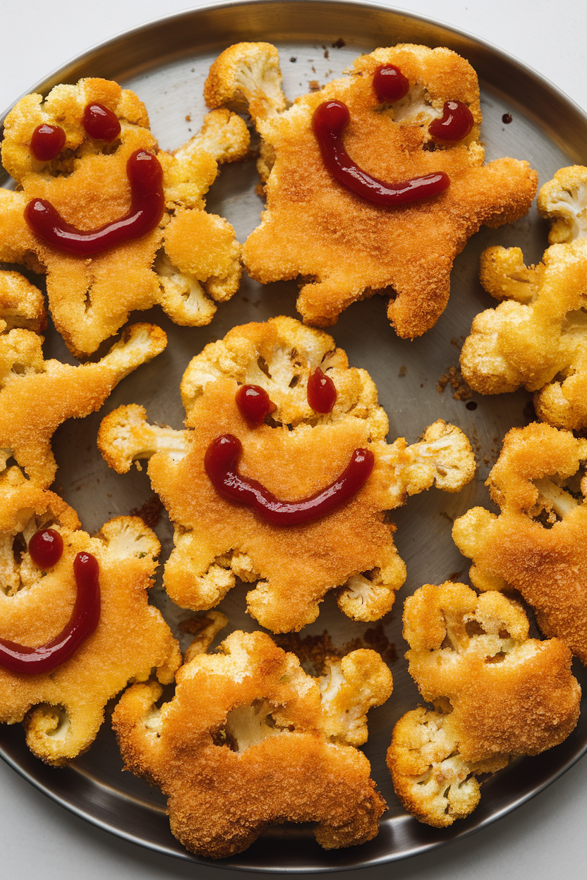 Photo of breaded cauliflower pieces shaped into ghosts, baked, with ketchup smiley faces, indoor platter. No text or logos.