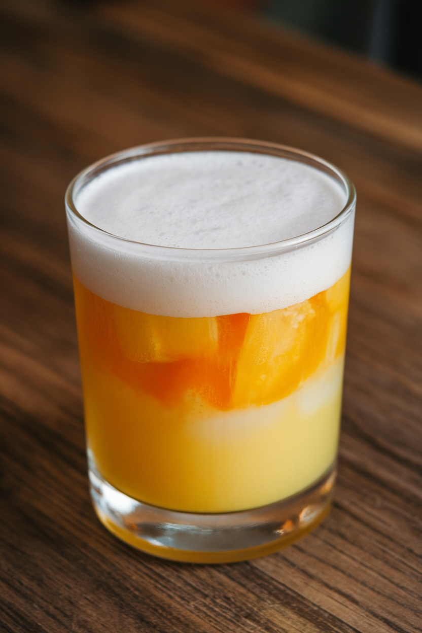 Indoor photo of a three-layer beverage showing yellow at the bottom, orange in the middle, and white foam on top, served in a clear glass. No text or logos anywhere.