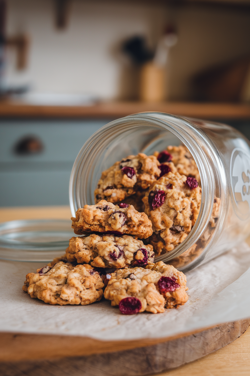 An indoor cookie jar tipped on its side with chewy oatmeal cookies studded with dried cranberries spilling out, parchment paper beneath. No text or logos.