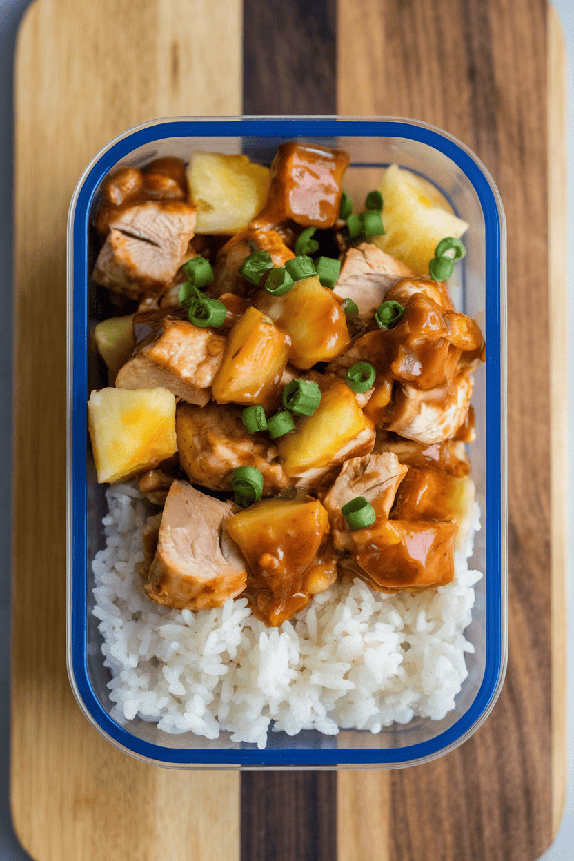 Indoor meal-prep container with diced cooked chicken glazed in pineapple teriyaki sauce over jasmine rice, no text