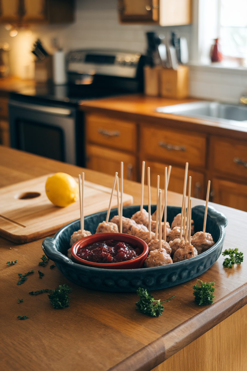 Indoor kitchen island with a ceramic tray of bite-size turkey meatballs on cocktail sticks, a small bowl of cranberry-BBQ sauce, and parsley sprinkled around. No text or logos. Photo only.
