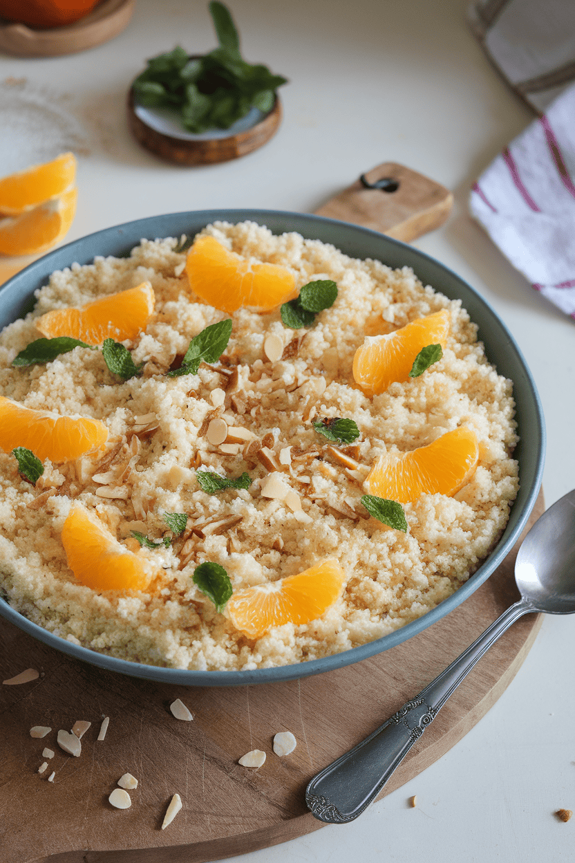 Indoor kitchen island featuring a large bowl of fluffy couscous dotted with orange segments, chopped mint, and slivered almonds. No text or logos. Photo, not illustration.