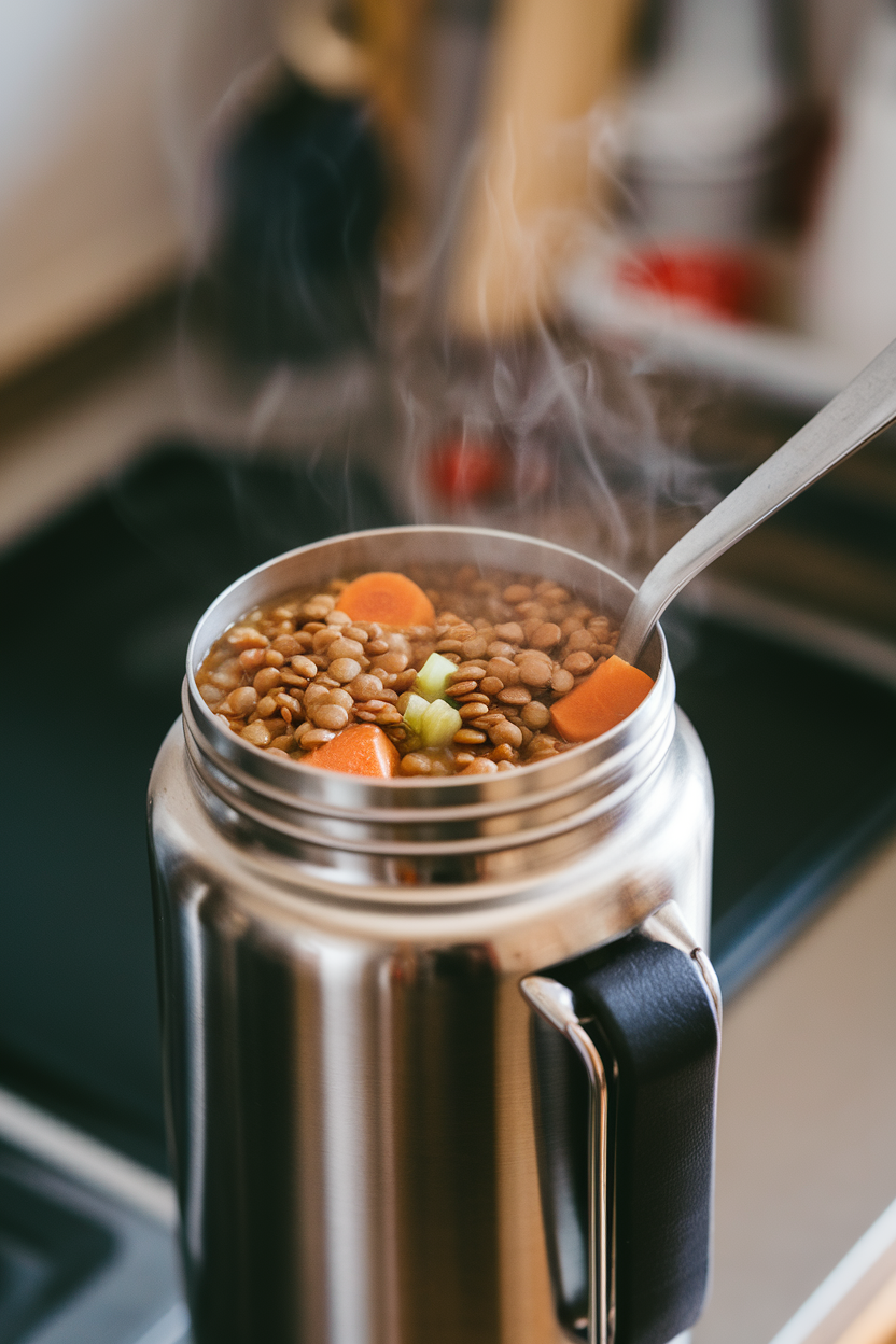 Photo of a stainless-steel thermos being filled indoors with steaming cooked lentil soup, carrots and celery visible, on a countertop. No text or logos.