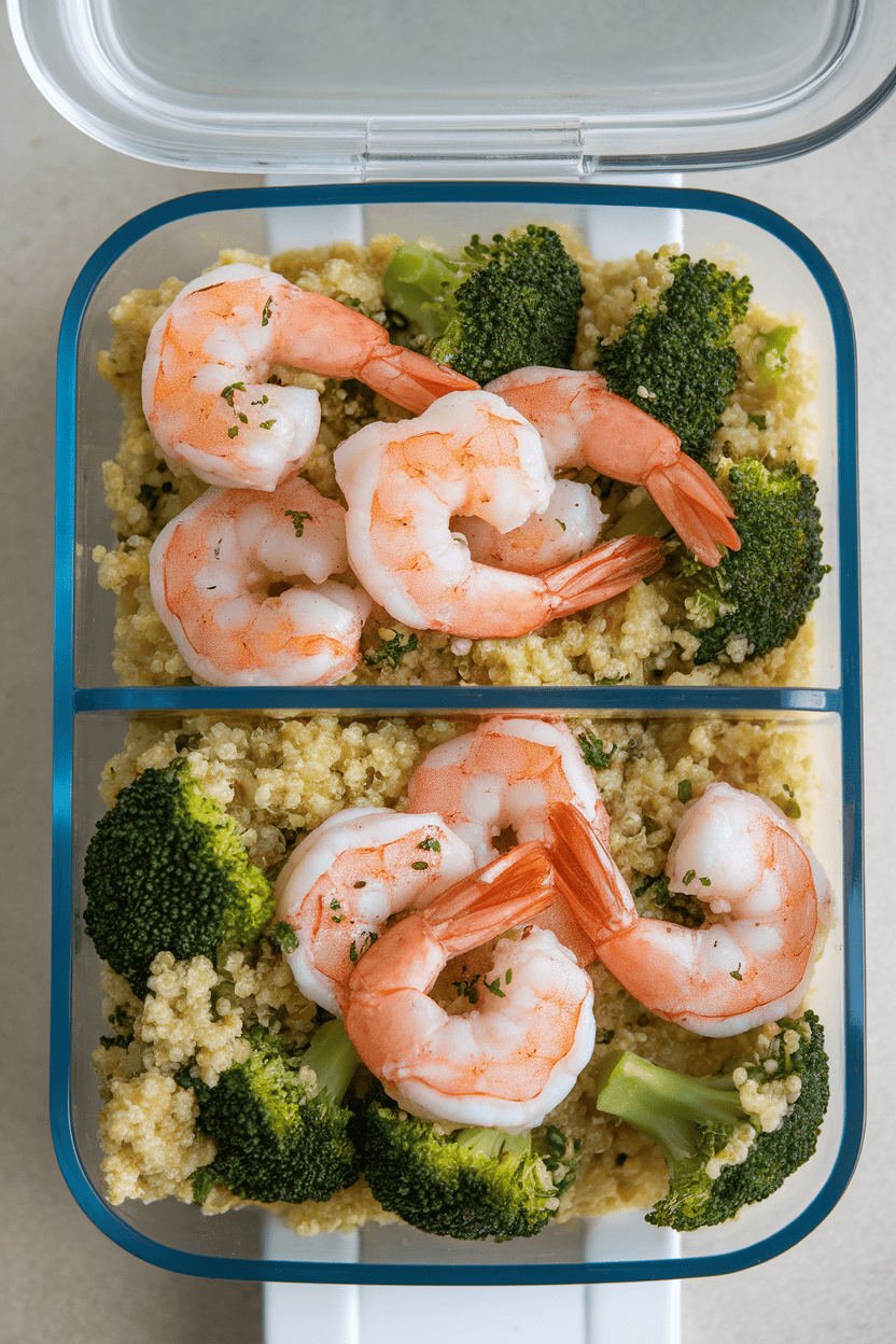 Indoor overhead shot of divided container holding garlic shrimp over lemony quinoa with broccoli florets. No branding.