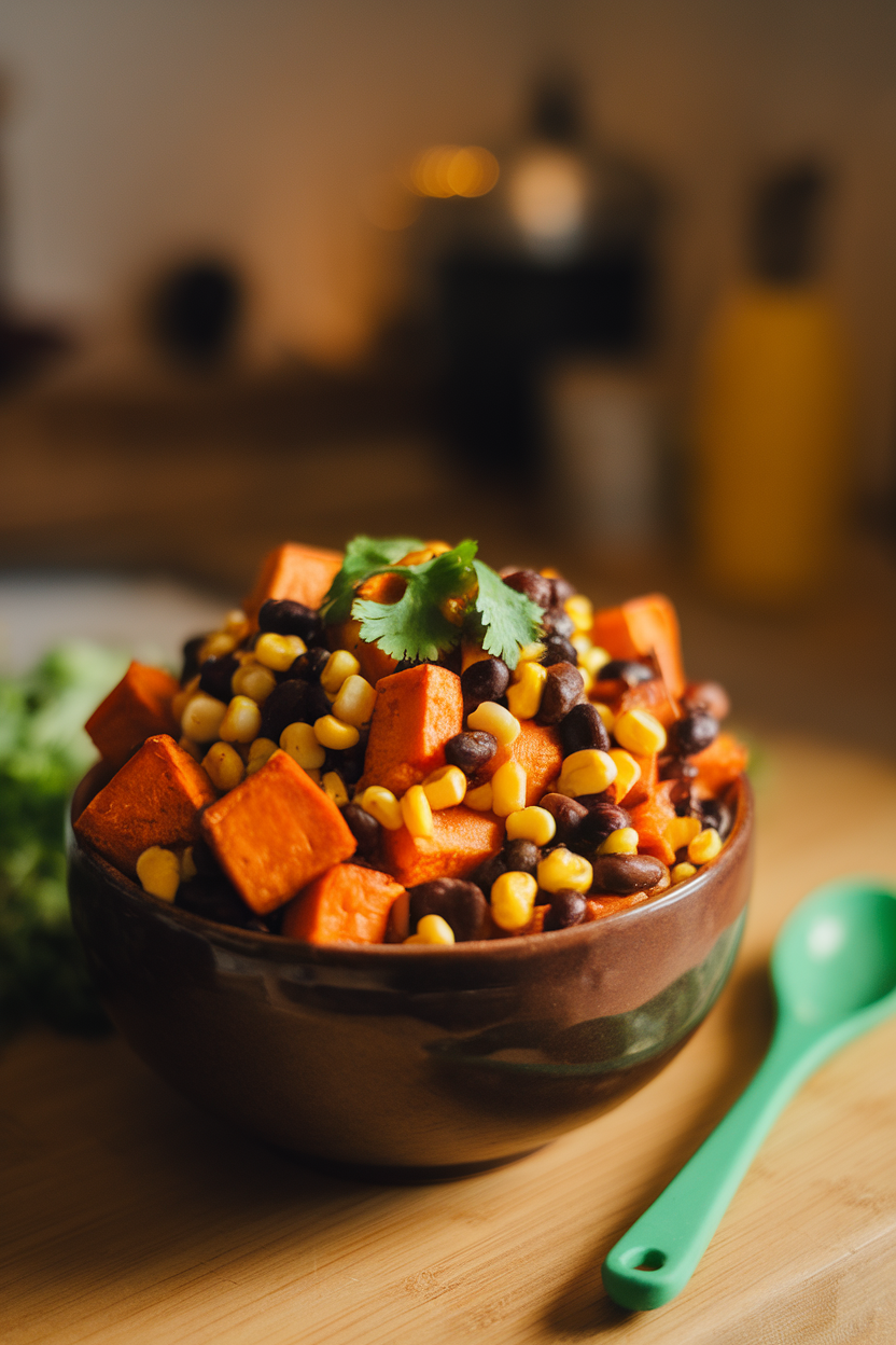 Indoor photo of roasted sweet potato cubes mingled with black beans, corn kernels, and cilantro in a deep bowl; ambient light, no text or logos.