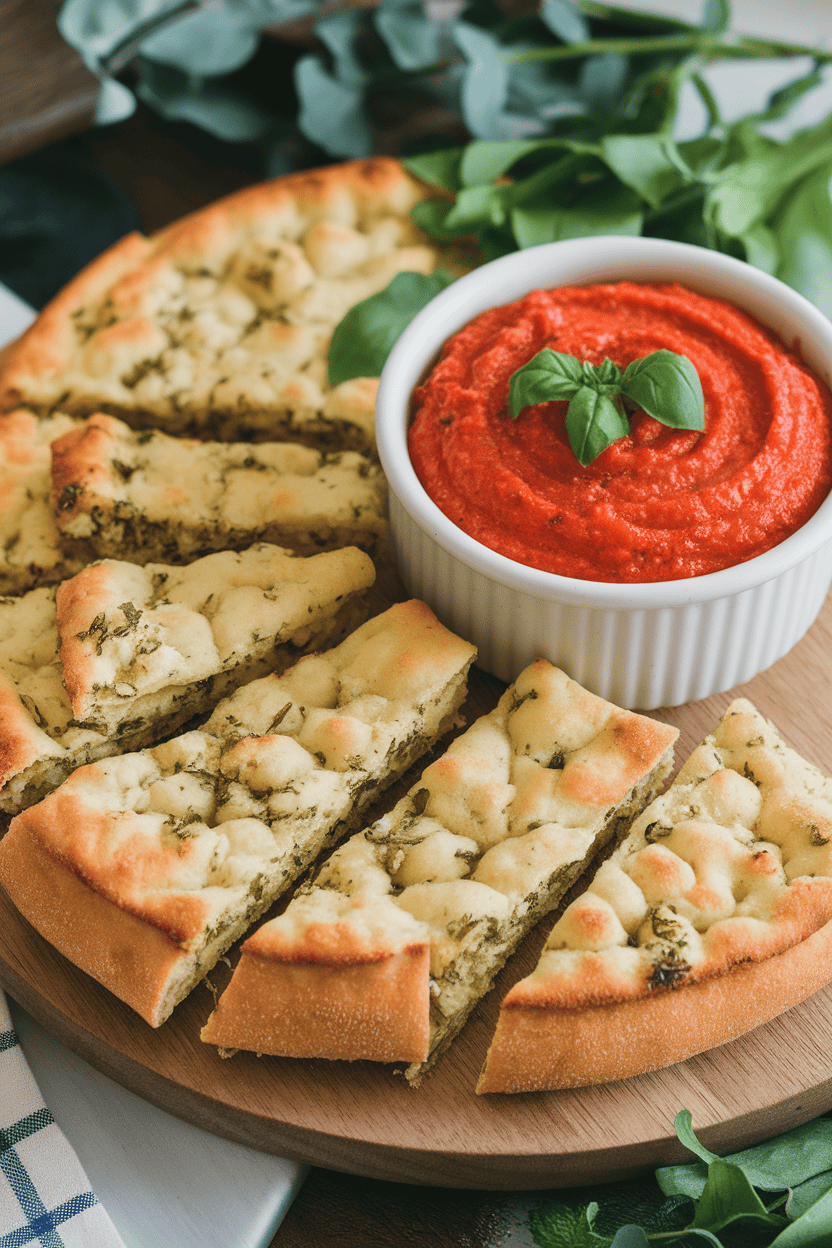 Photo of sliced garlic herb flatbread arranged next to a bowl of tomato basil dip on an indoor serving board. No branding or text present.