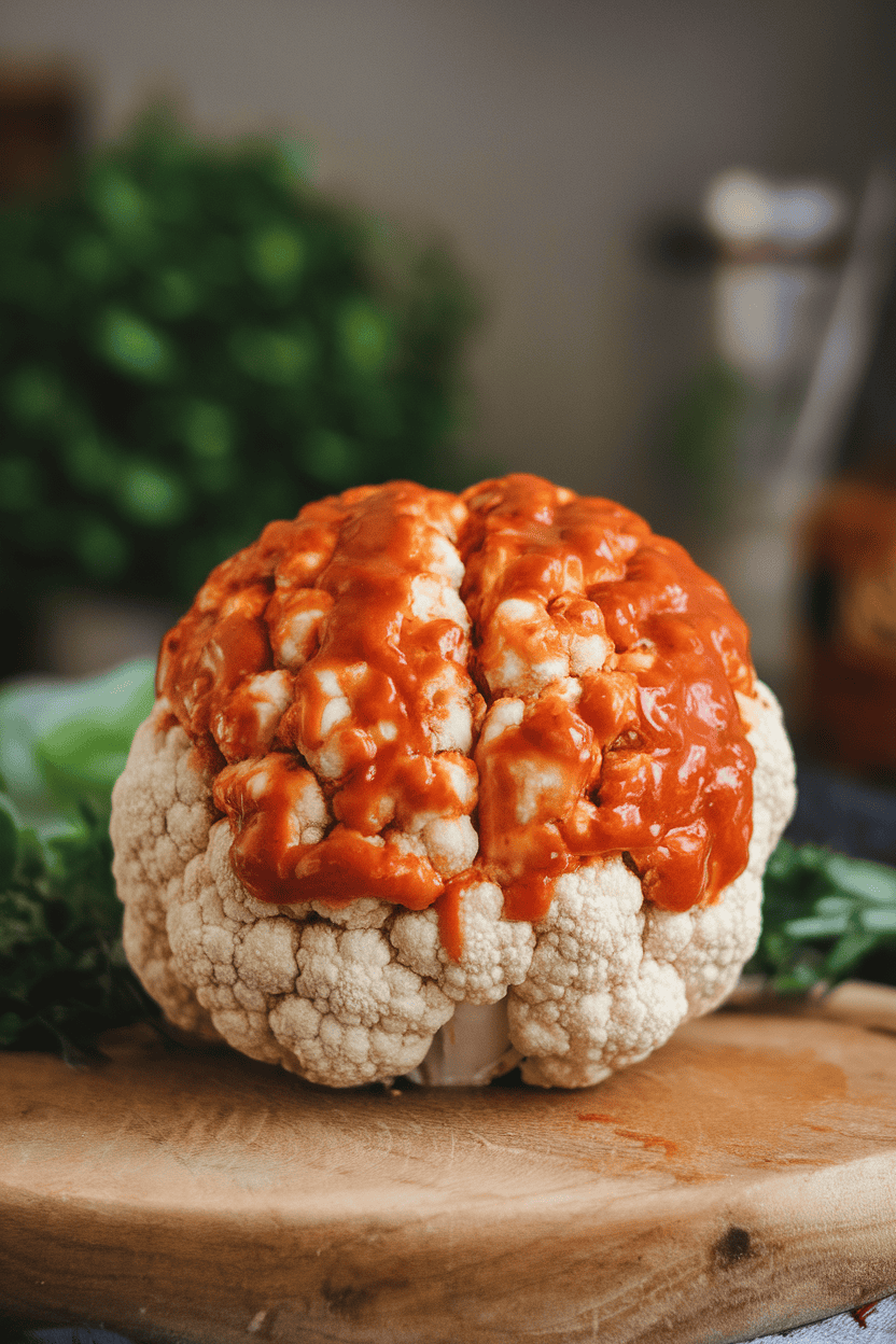 Indoor photo of whole roasted cauliflower brushed with buffalo sauce, carved to reveal “brain” texture, on a wooden board. No text or logos.