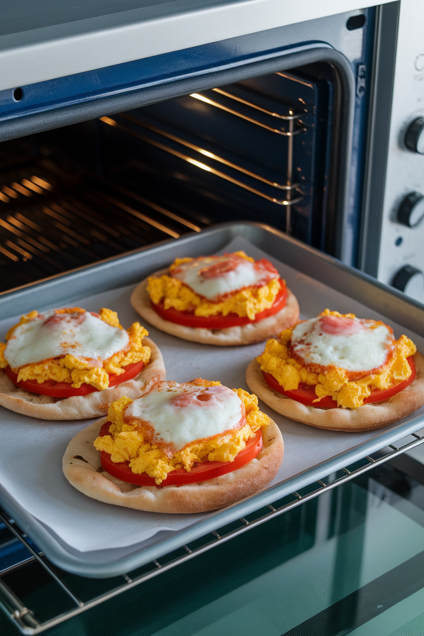 Indoor oven tray with naan bread topped with scrambled eggs, tomatoes, and mozzarella, cheese melted. No text or logos.