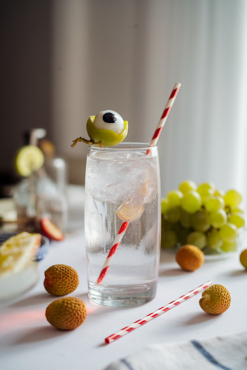 Indoor party table with tall clear glass of sparkling lychee cocktail, peeled grape “eyeball” stuffed in lychee floating near surface. No logos or text. Photo, not illustration.