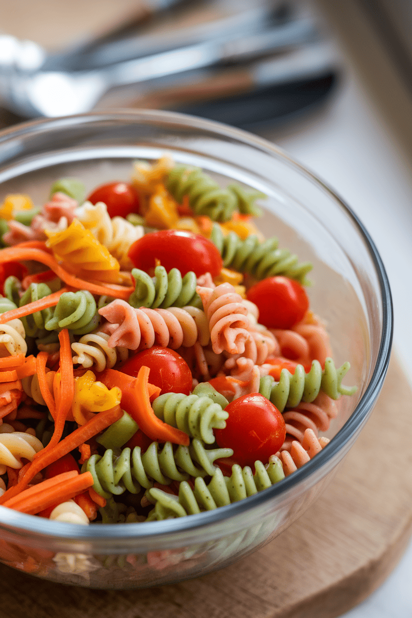 Close-up indoor photo of tri-color rotini mixed with diced bell peppers, shredded carrots, and halved cherry tomatoes in a glass bowl—soft overhead lighting, no logos.