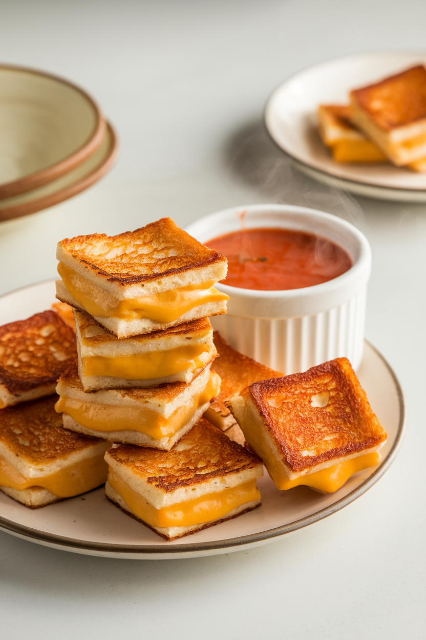 Indoor scene with bite-sized grilled cheese squares stacked beside a small ramekin of steaming tomato soup for dipping. No text or logos.