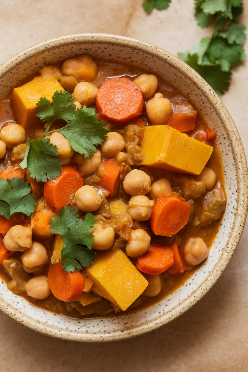 Indoor photo of a Moroccan-style vegetable and chickpea stew in a shallow bowl, chunks of squash and carrots visible, cilantro on top. No text or logos.