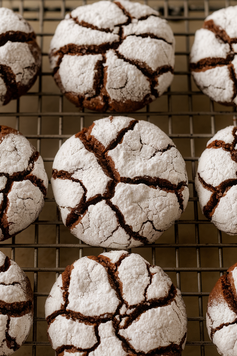 Photo of dark crinkle cookies with dramatic white powdered sugar cracks, indoor rack, no logos or text.