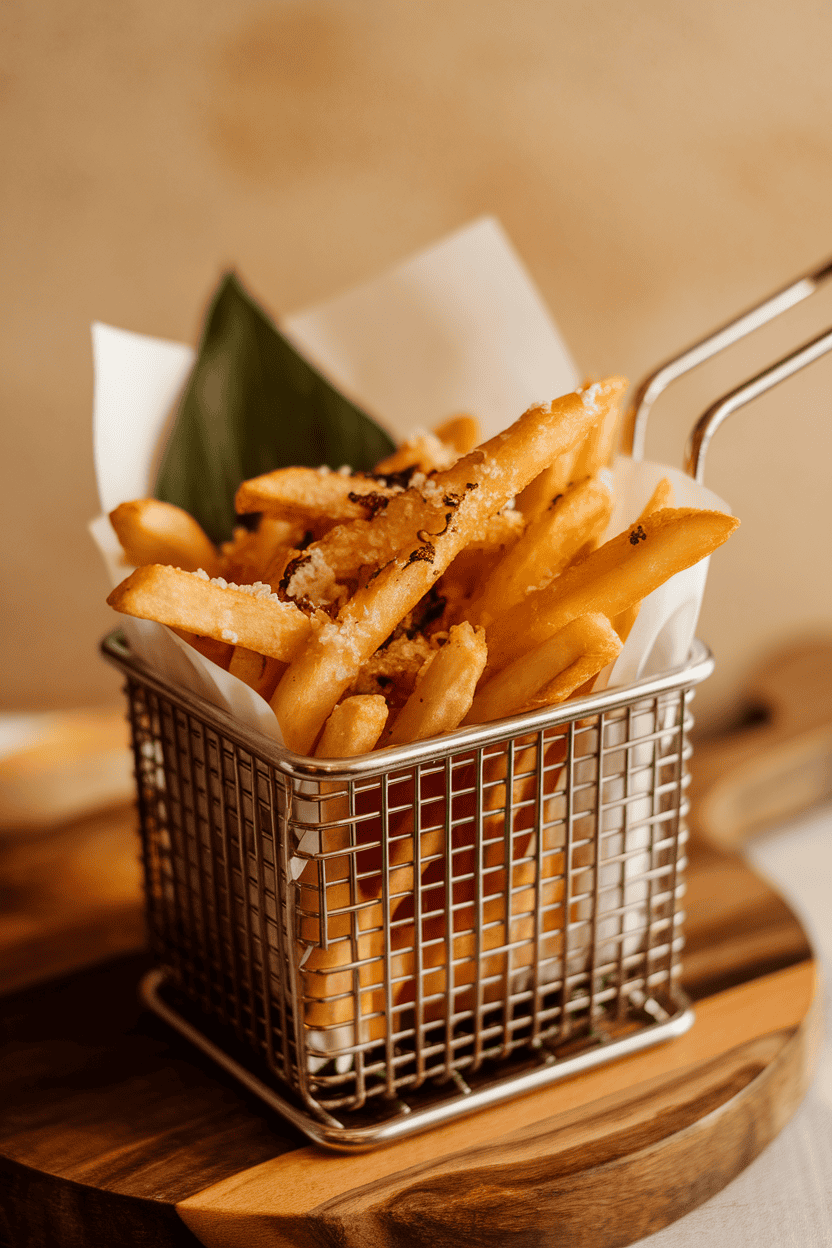 Photo of a paper-lined metal basket filled with golden fries dusted with parmesan and drizzled with truffle oil, set indoors. No text or logos visible.