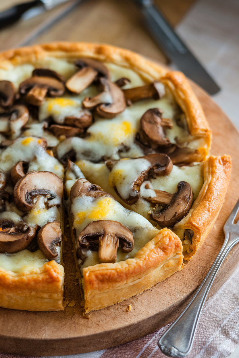 Indoor table with a rustic puff-pastry tart topped with sautéed mushrooms and melted Gruyère, sliced into crescents. No text or logos.