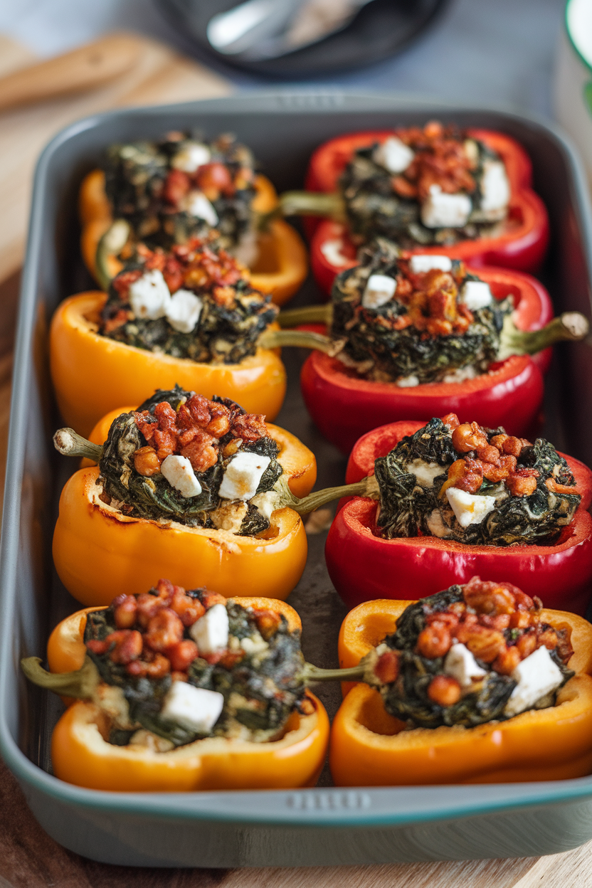 Photo of halved bell peppers filled with spinach-feta mixture, baked and slightly browned on an indoor baking dish; no text or logos.