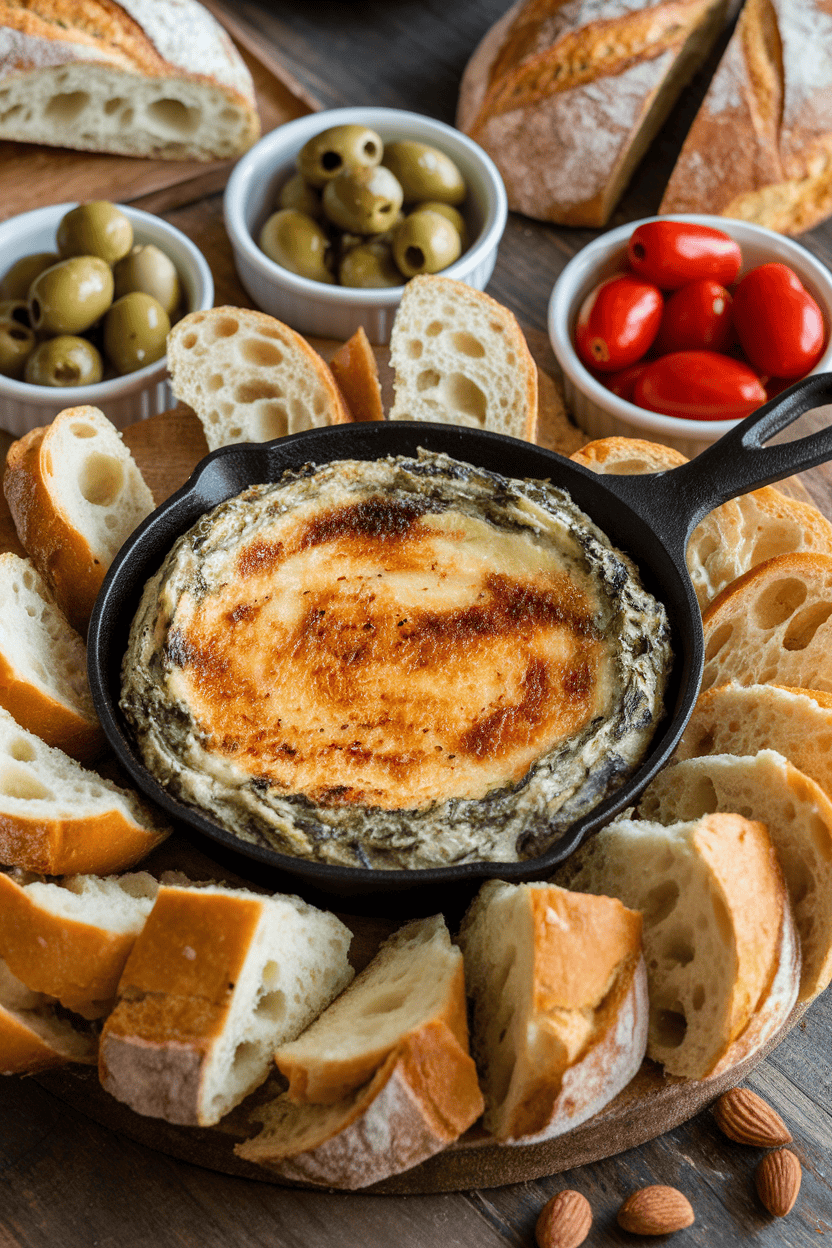 An indoor appetizer spread featuring a small cast-iron skillet of creamy spinach artichoke dip, lightly browned on top, surrounded by sliced baguette. No text or logos; photo only.