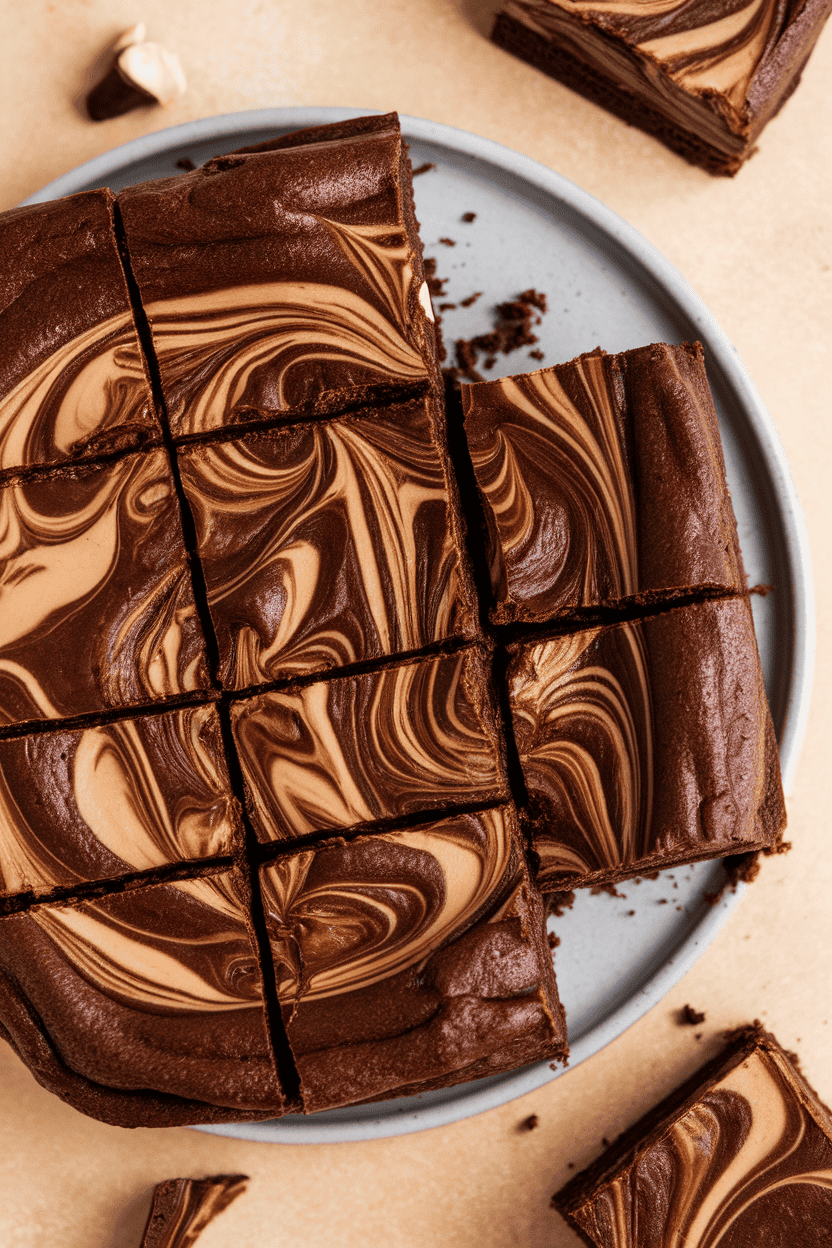 Indoor photo of rich chocolate brownies swirled with hazelnut spread, cut into squares, no text or logos