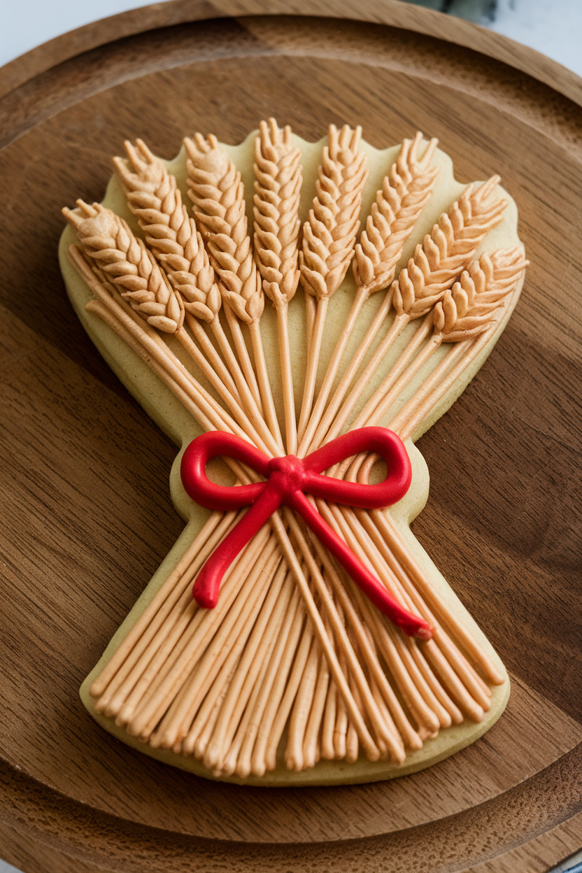 Indoor photo of bundle-shaped cookies with piped golden wheat stalks tied together with a red icing bow, no text or logos.