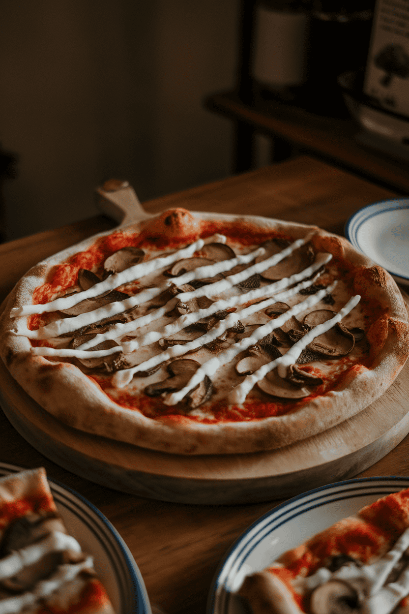 Dim-lit indoor table showing a rustic mushroom pizza with torn mozzarella streaks resembling claw marks. No text or logos.