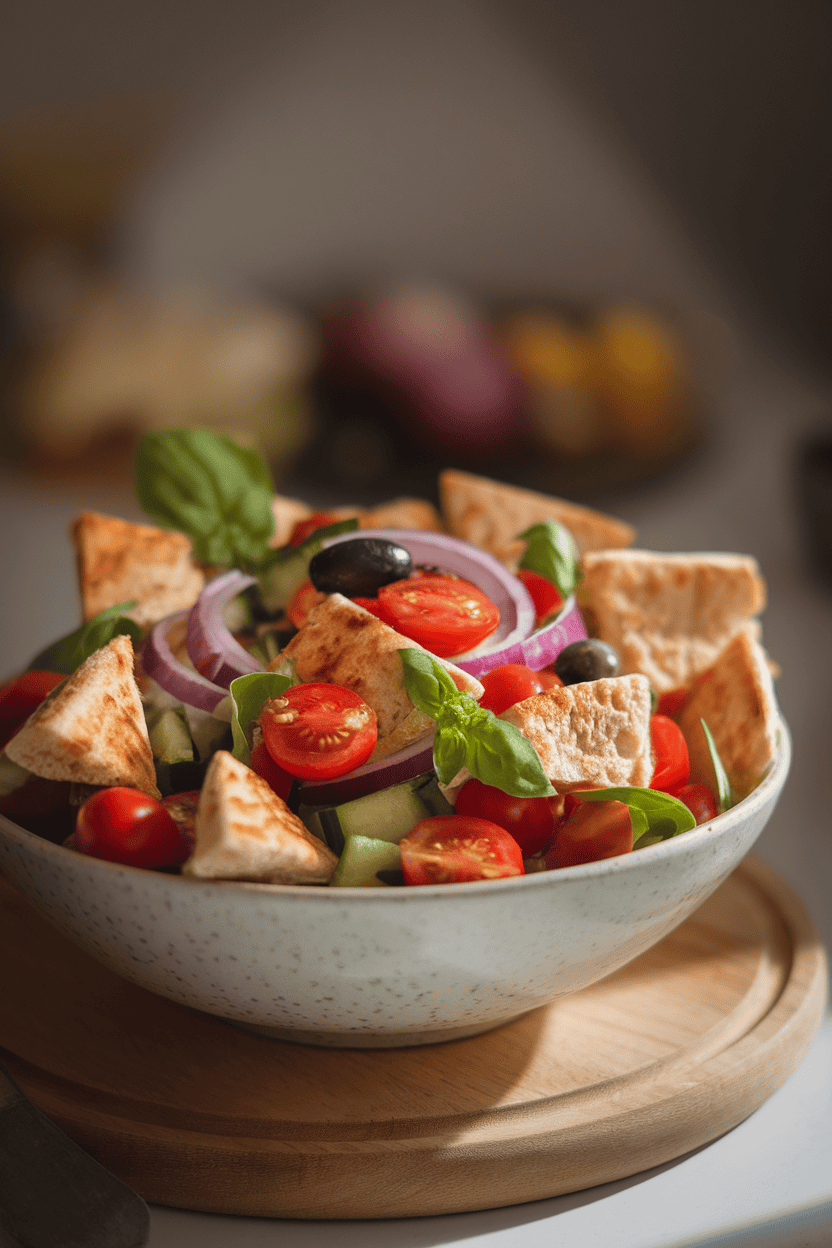 A softly lit indoor scene of toasted pita chunks mixed with cherry tomatoes, red onion, cucumbers, and basil in a wide salad bowl. No logos or text.