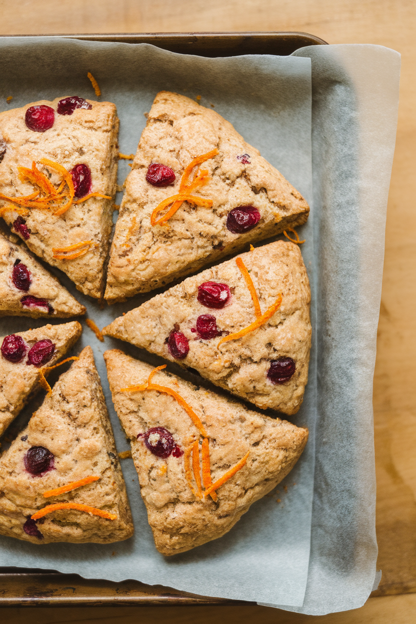 An indoor bakery tray lined with parchment holding triangular buckwheat scones studded with cranberries and orange zest, shot from above. No text or logos present.