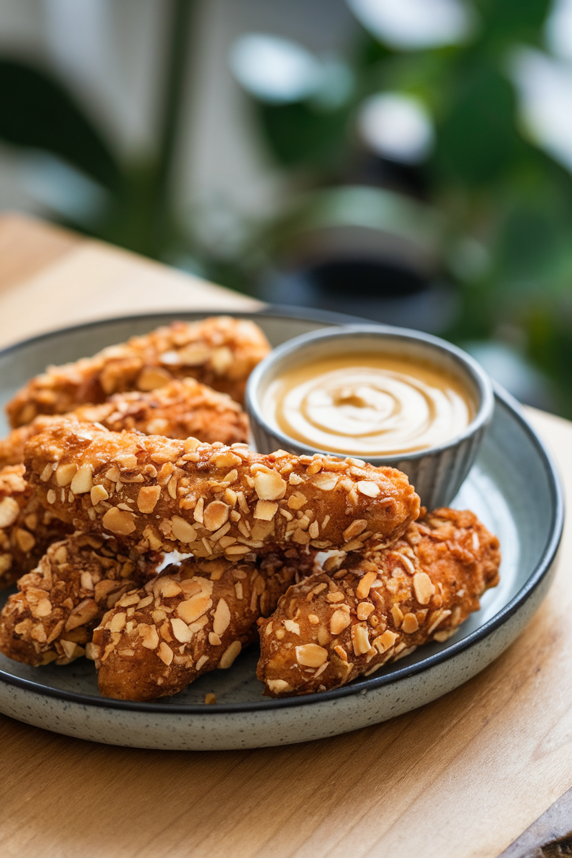 Photo of baked chicken tenders coated in crushed almonds, arranged on an indoor plate with a small cup of honey mustard. No text or logos.
