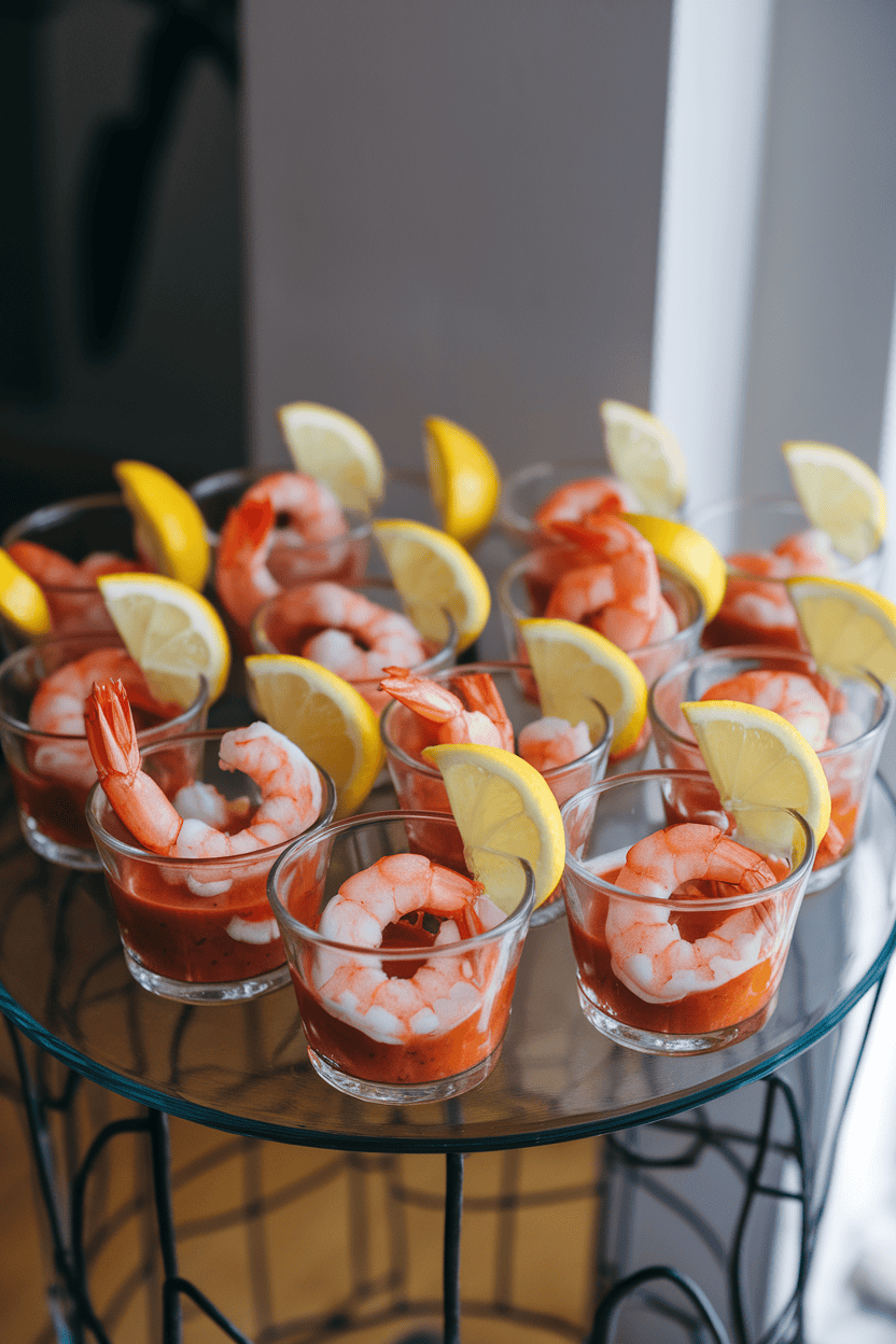 Photo of clear glass cups each holding cooked pink shrimp curled over a dollop of cocktail sauce, garnished with lemon wedges, displayed on an indoor appetizer table. No logos or text in frame.
